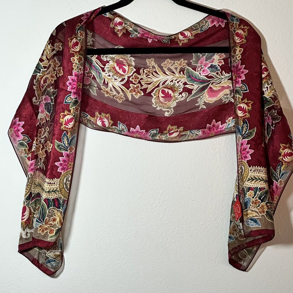 Oscar De La Renta Vintage Silk Floral Scarf 11”X 52” Burgundy, Gold, Bright Pink - Picture 2 of 11
